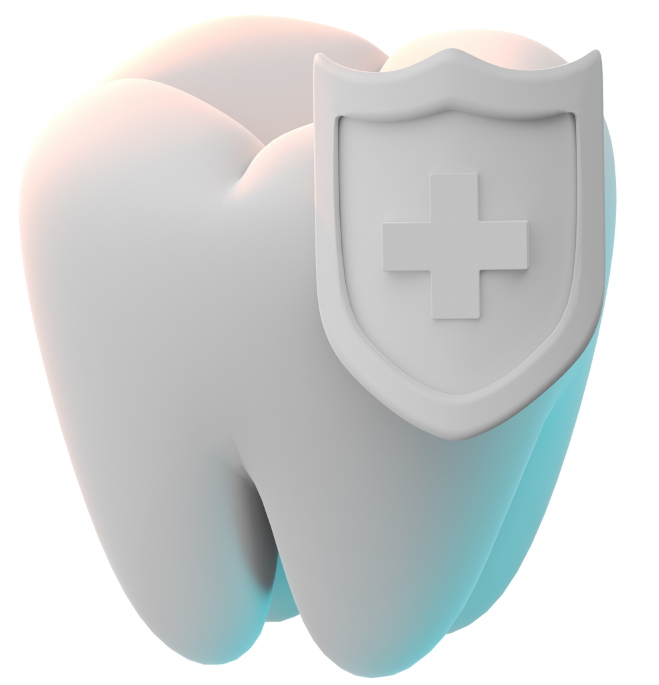 3D illustration of a healthy white tooth with a protective shield and medical cross symbol representing dental care and oral health protection.