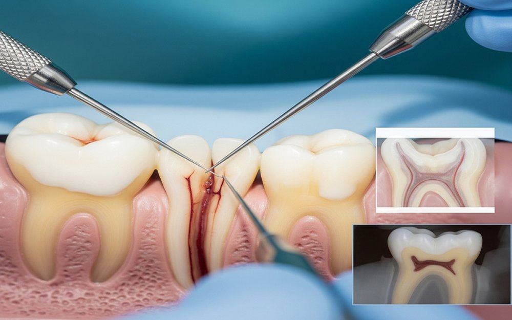 Painless root canal treatment being performed with modern dental instruments