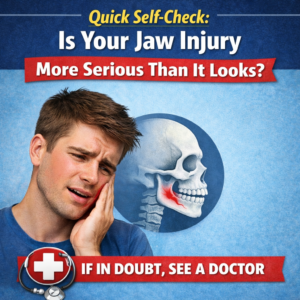 Person holding jaw in pain with illustration showing jaw fracture symptoms and self-check for jaw injury seriousness.