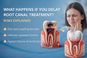 Infographic showing risks of delaying root canal treatment in Indore including tooth decay infection and tooth loss with patient in pain