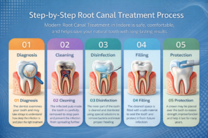 Infographic showing step by step root canal treatment process including diagnosis cleaning disinfection filling and crown protection
