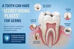 Dental infographic showing hidden areas in teeth where germs and cavities can develop, highlighting expert Cavity Treatment in Indore