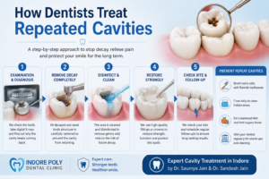 Step-by-step dental infographic showing how dentists treat repeated cavities with expert Cavity Treatment in Indore